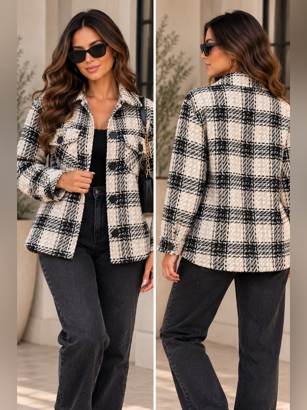 ZARA Plaid Tweed Oversized Shacket Shirt Jacket Black Tan Cream Small S